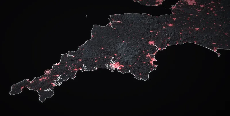 Map in charcoal with red lights