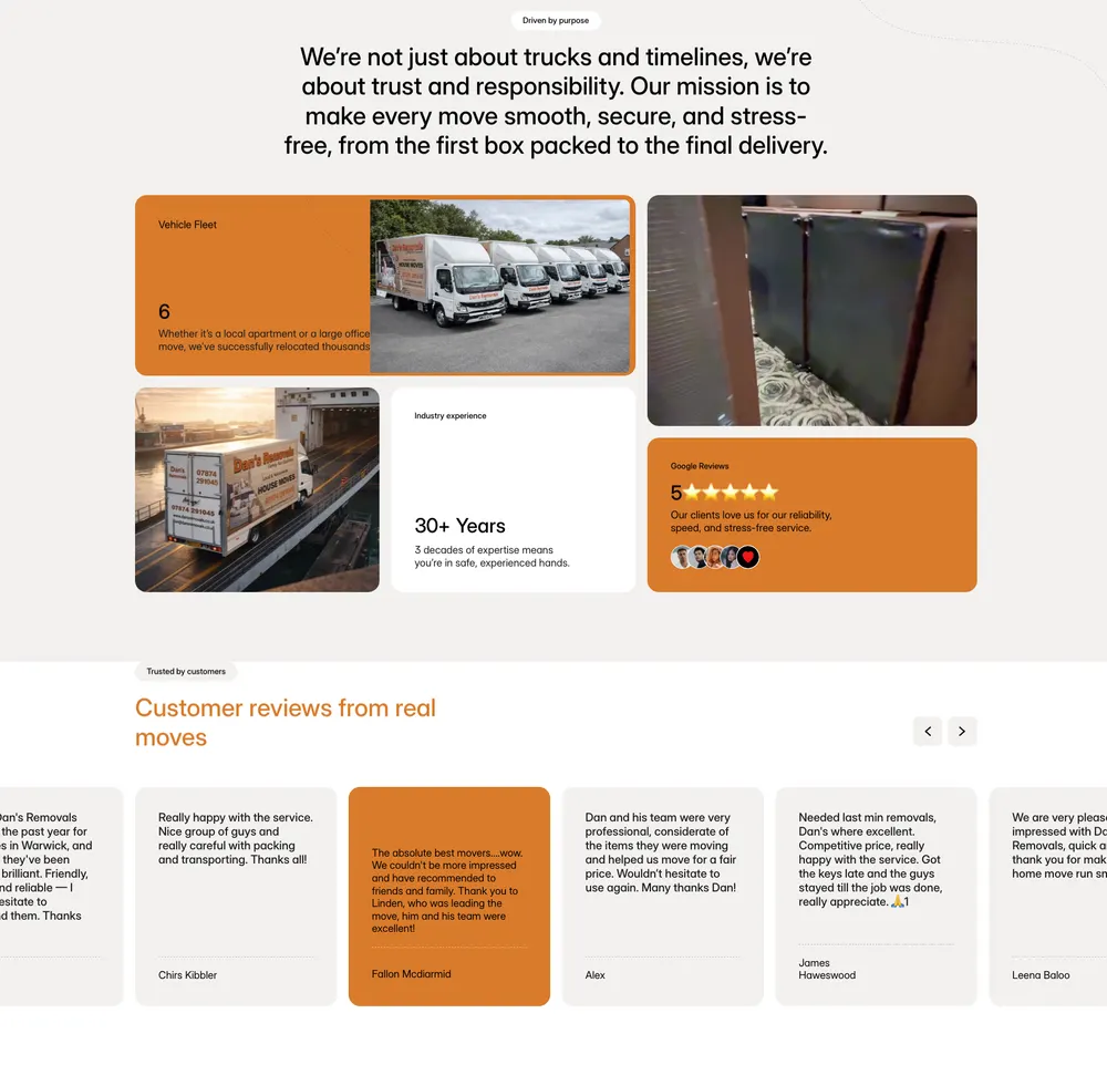 Dan's Removals About & Testimonials after the rebuild