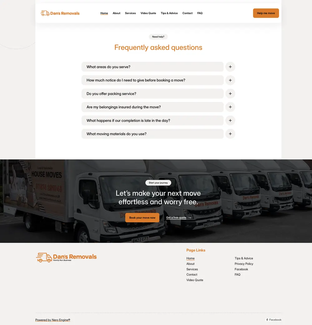 Dan's Removals FAQ Section after the rebuild