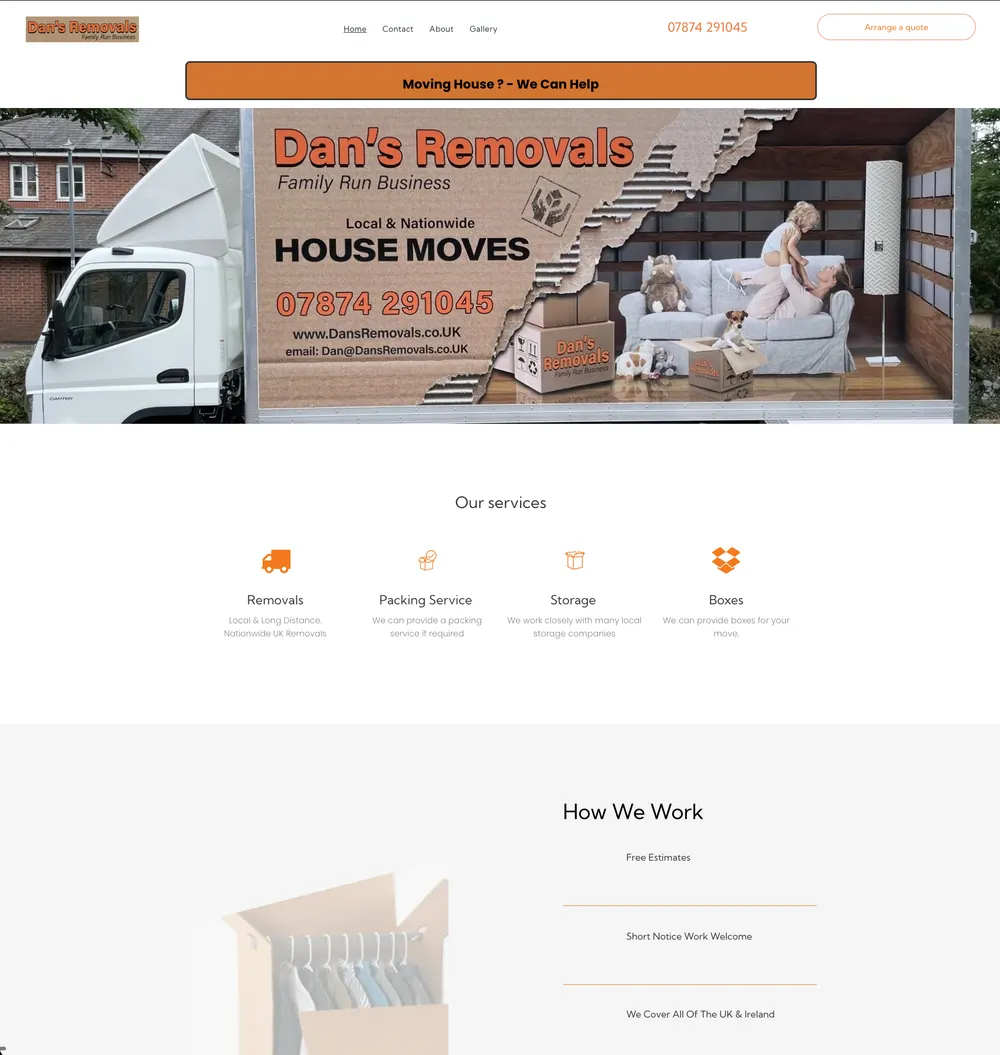 Dan's Removals Homepage & Hero before the rebuild