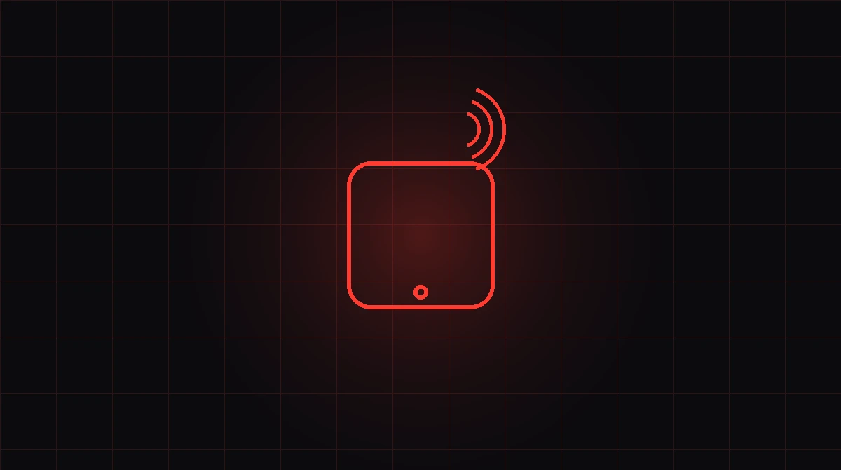 A red phone outline with signal waves on a dark grid background