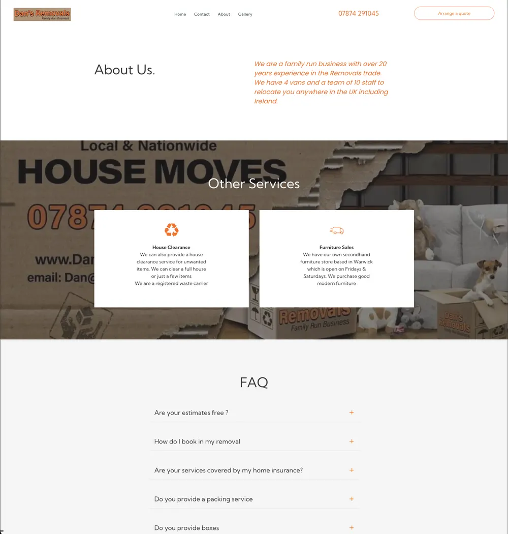 Dan's Removals FAQ Section before the rebuild