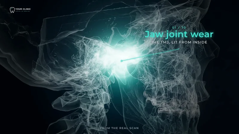 X-ray style 3D skull with the jaw joint glowing and labelled Jaw joint wear