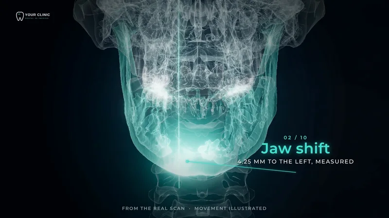 3D skull in x-ray style from the front, the lower jaw sliding with the chin shift measured